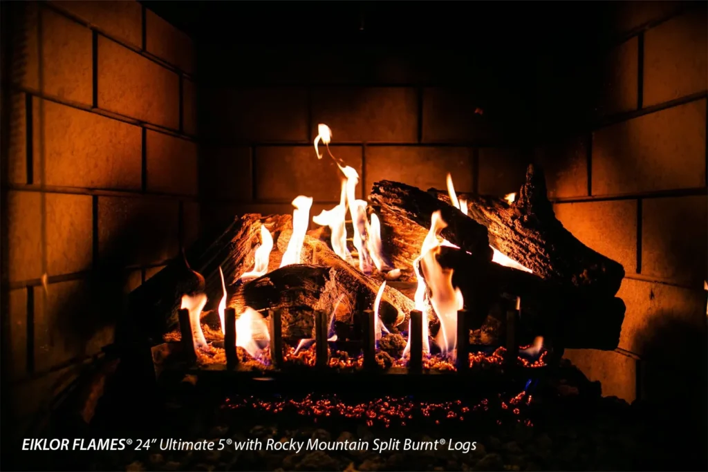 EIKLOR FLAMES 24in Ultimate 5 with Rocky Mountain Split Burnt Logs 02