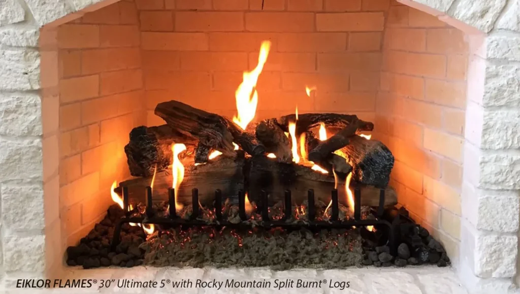 EIKLOR FLAMES 30in Ultimate 5 with Rocky Mountain Split Burnt Logs